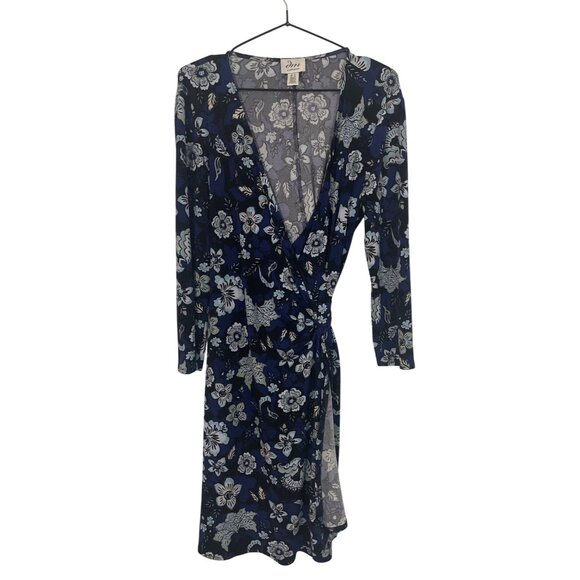 Floral Wrap Dress Navy Blue Long Sleeve US 10 Stretch Adjustable Elegant - Picture 1 of 5